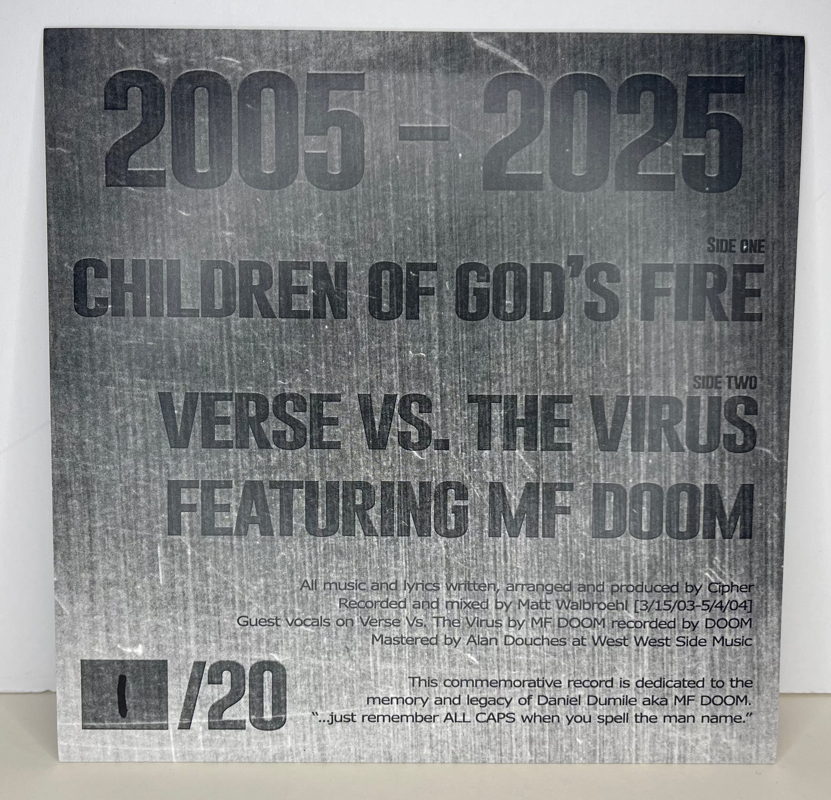 Children of God's Fire 20th Anniversary 7" lathe-cut record