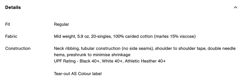 Text detailing fabric, construction, and other specifications on a product label.