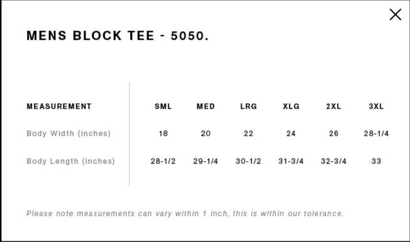 Size chart for Mens Block Tee with measurements in inches